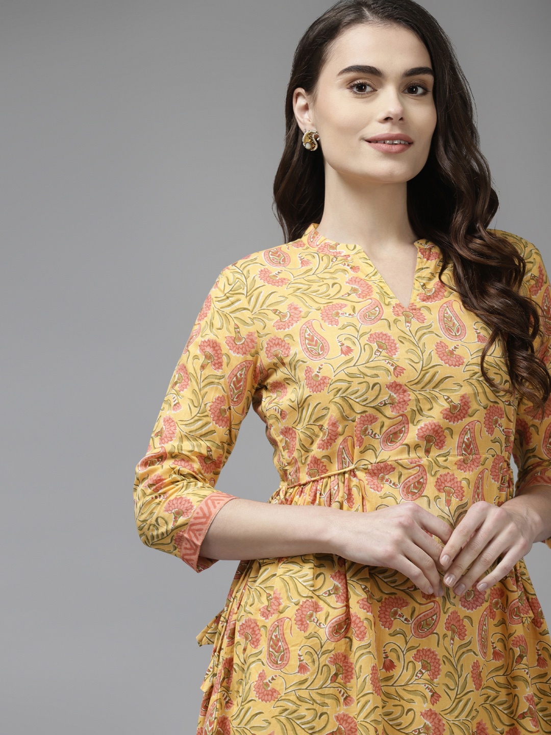 

Indo Era Women Yellow & Pink Ethnic Motifs Printed Kurta