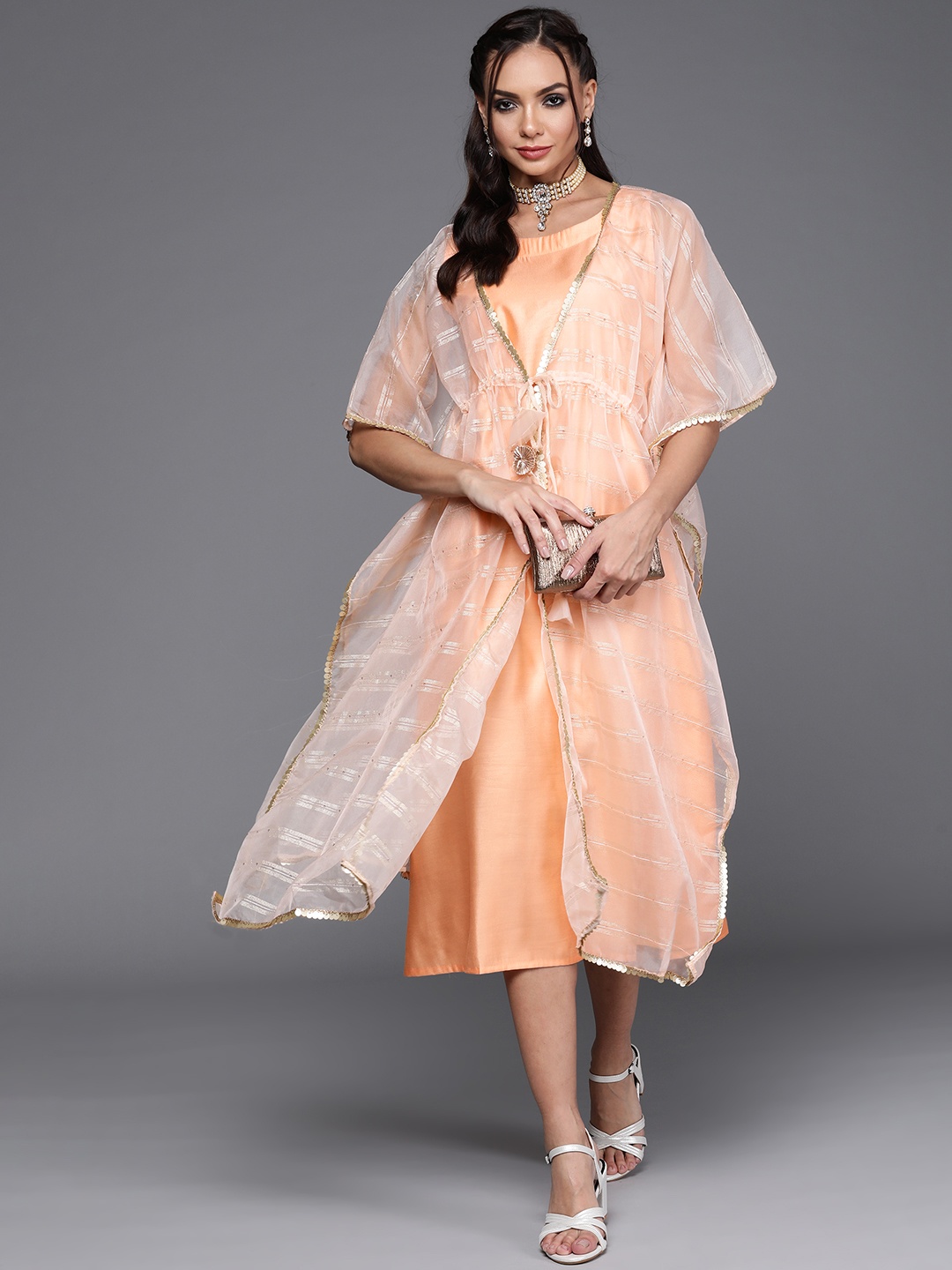 

Indo Era Women Peach-Coloured Ethnic Kaftan Dress with Shrug