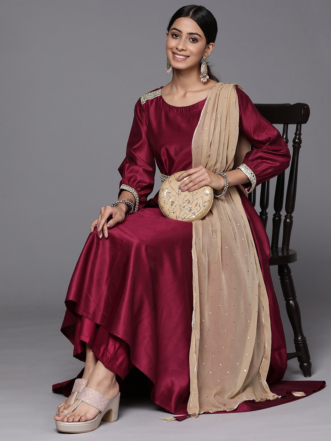 

Indo Era Embellished Mirror Work Belted Detail Liva Anarkali Kurta & Dupatta, Maroon