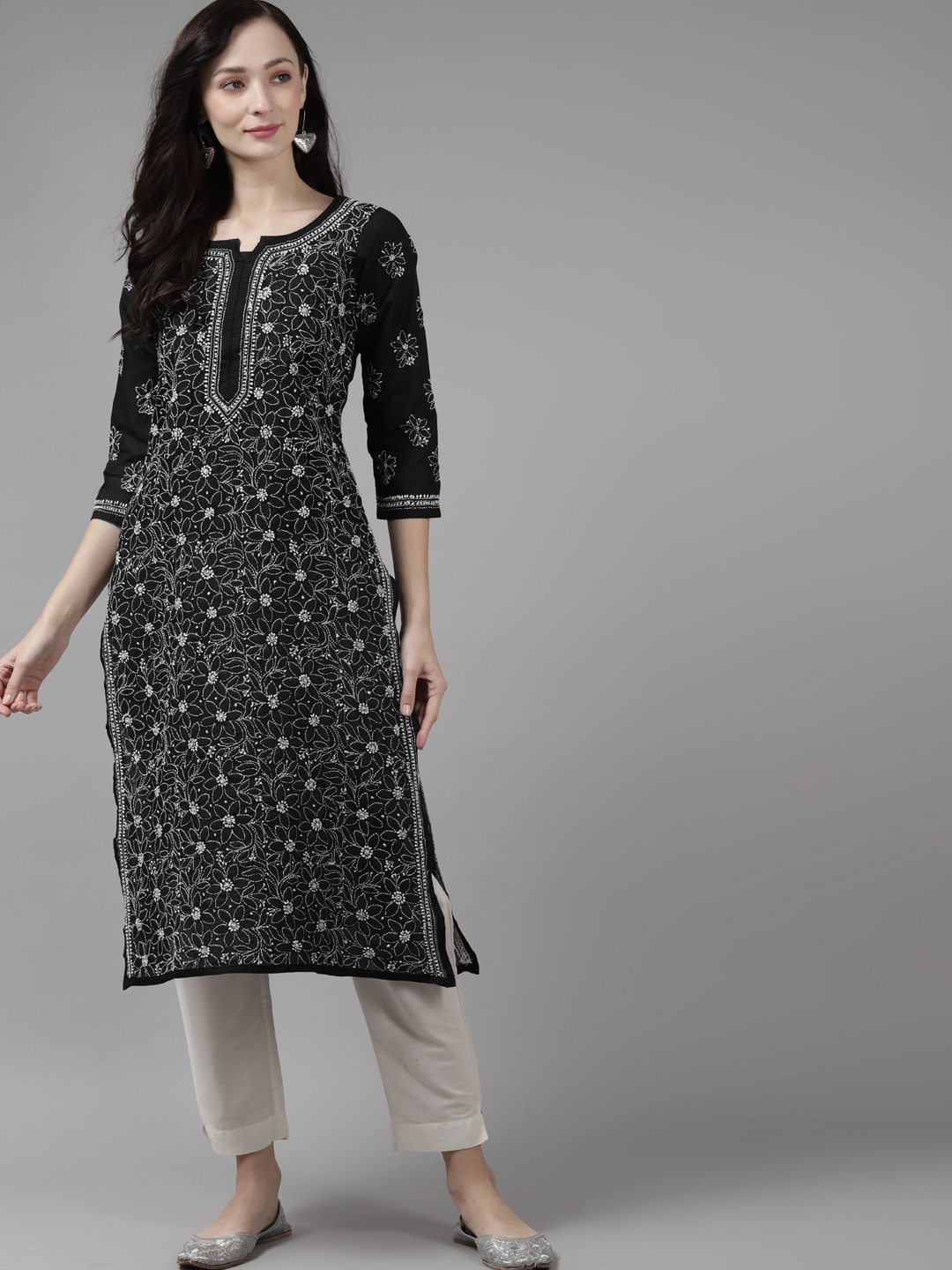 

ADA Women Black & White Ethnic Motifs Hand Embroidered Chikankari Kurta