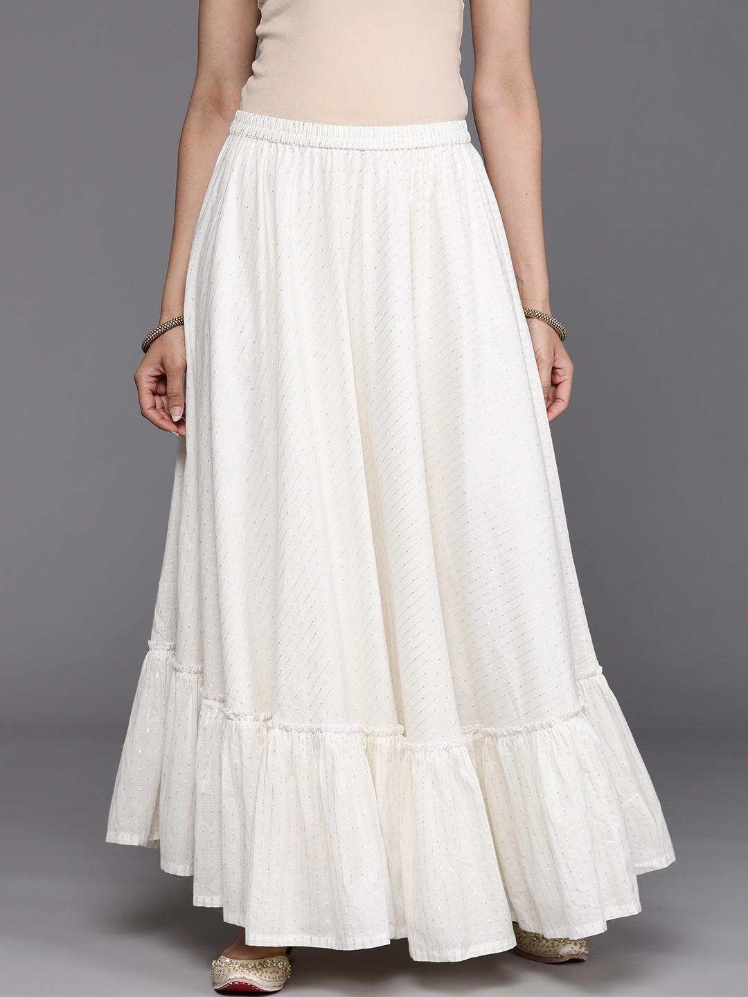 

Libas Women White Cotton Flared Maxi Skirt With Ruffles