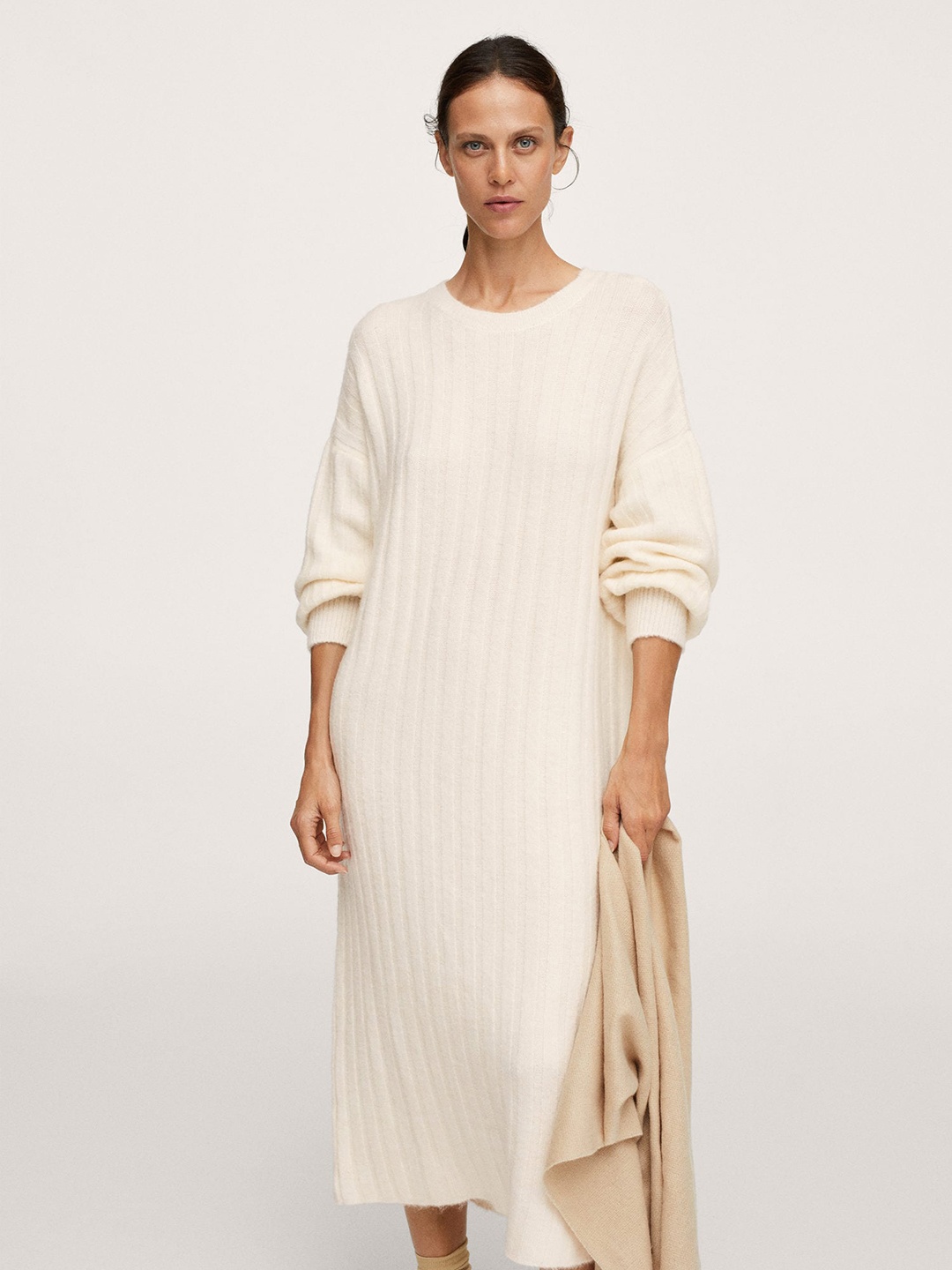 

MANGO Off White Self Striped Sweater Midi Dress
