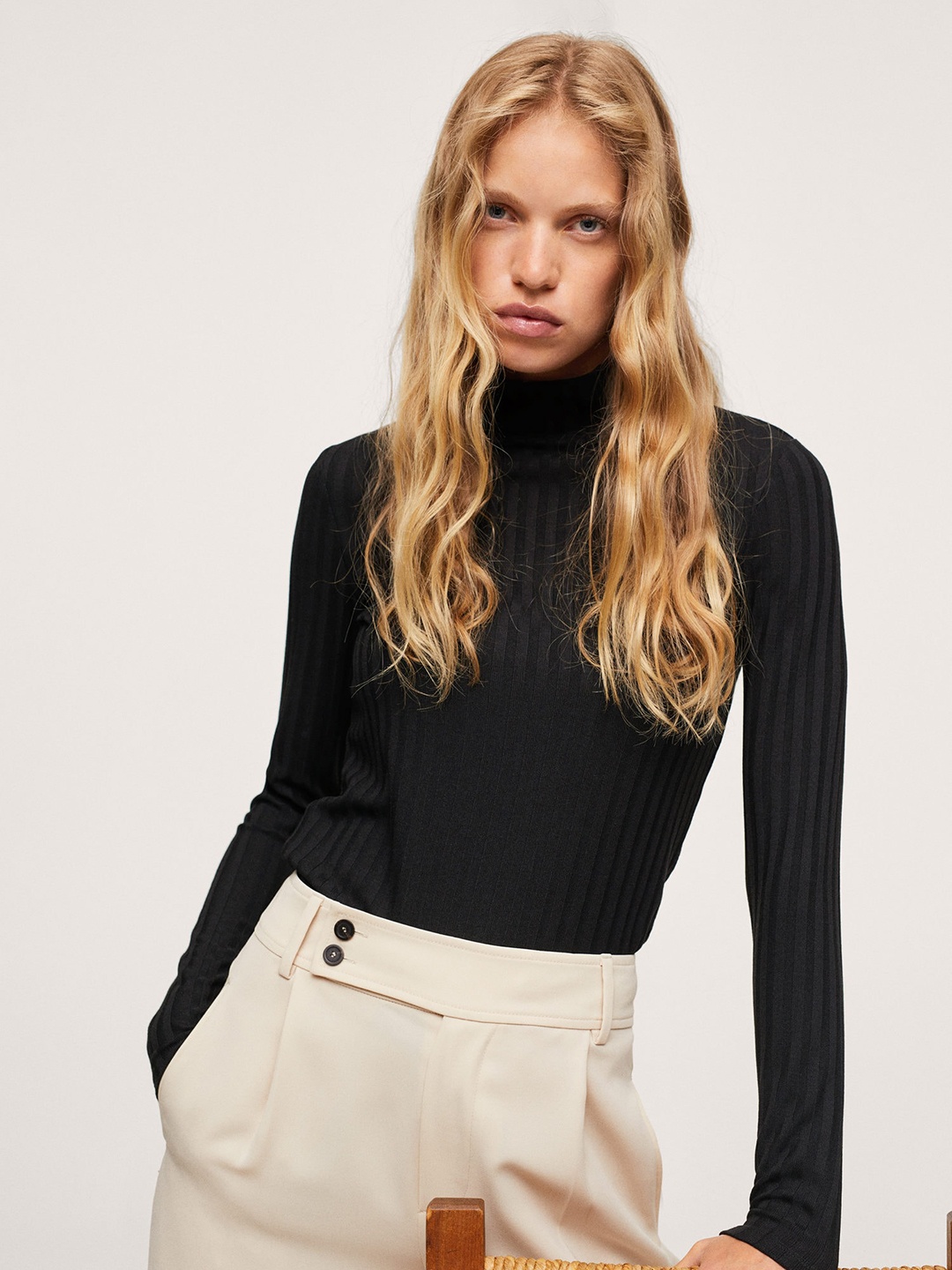 

MANGO Women Black Ribbed High Neck T-Shirt