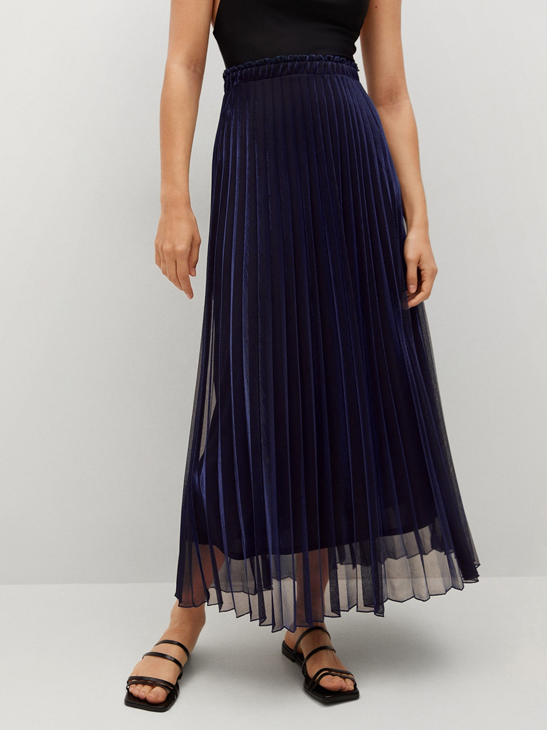 

MANGO Women Navy Blue Shimmer Accrodion Pleated A- Line Maxi Skirt