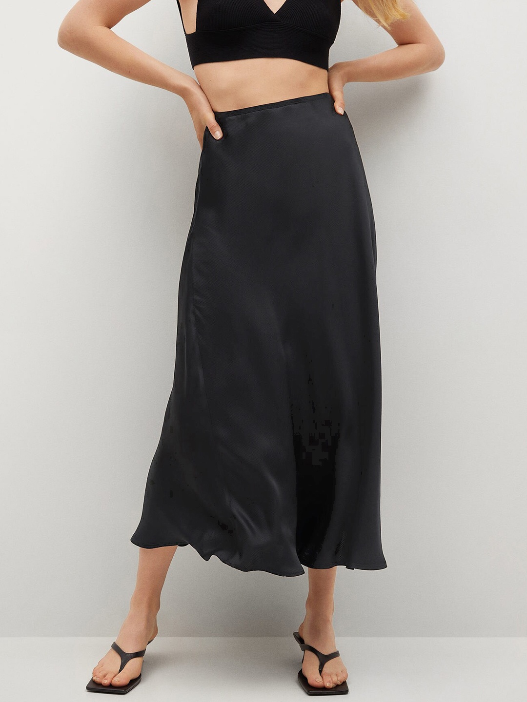 

MANGO Women Black Solid Satin Finish A-Line Skirt