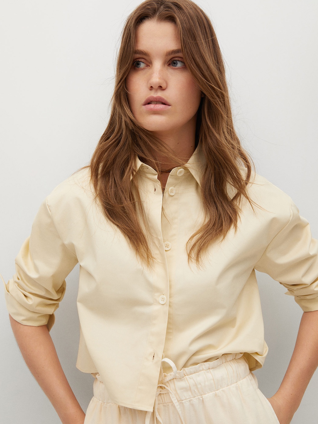 

MANGO Women Cream-Coloured Pure Cotton Solid Boxy Shirt