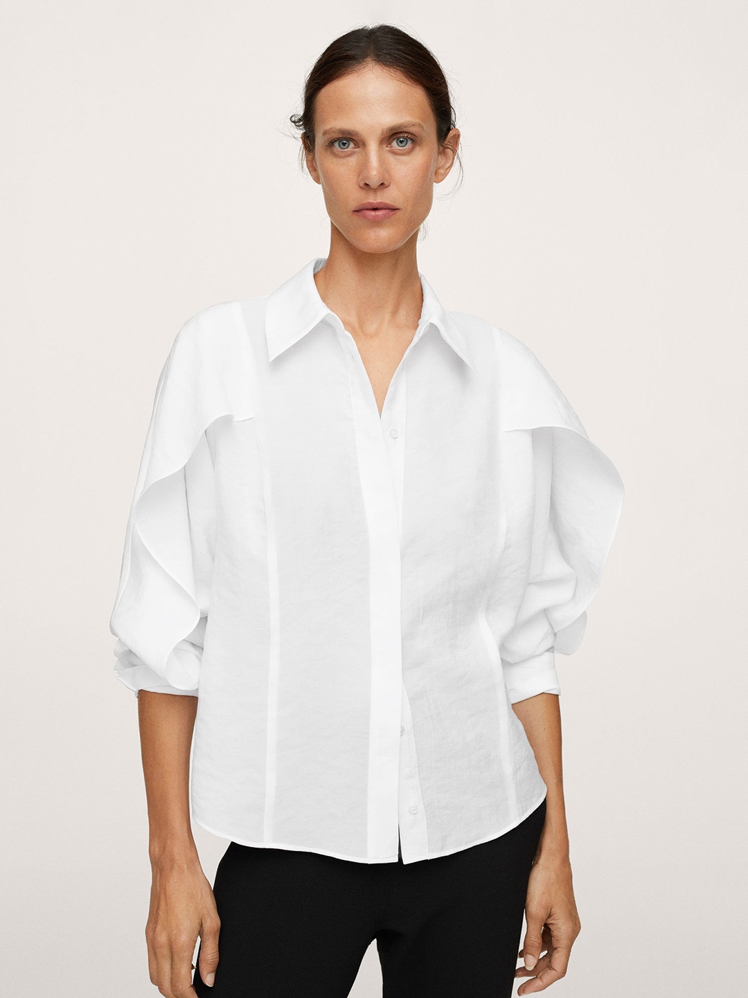 

MANGO Women White Solid Casual Shirt With Ruffle Detail