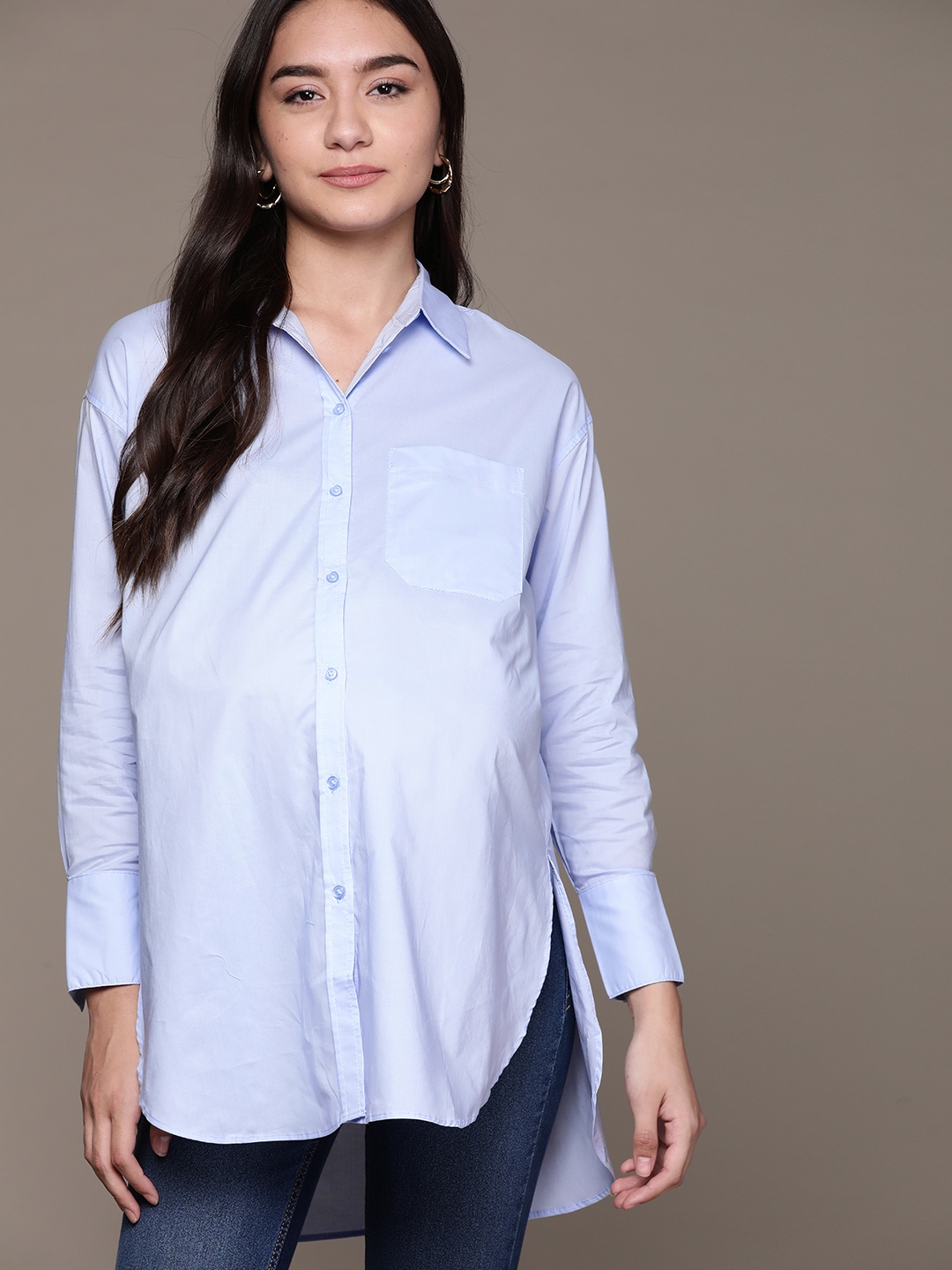 

MANGO Women Blue Solid Cotton Maternity Shirt