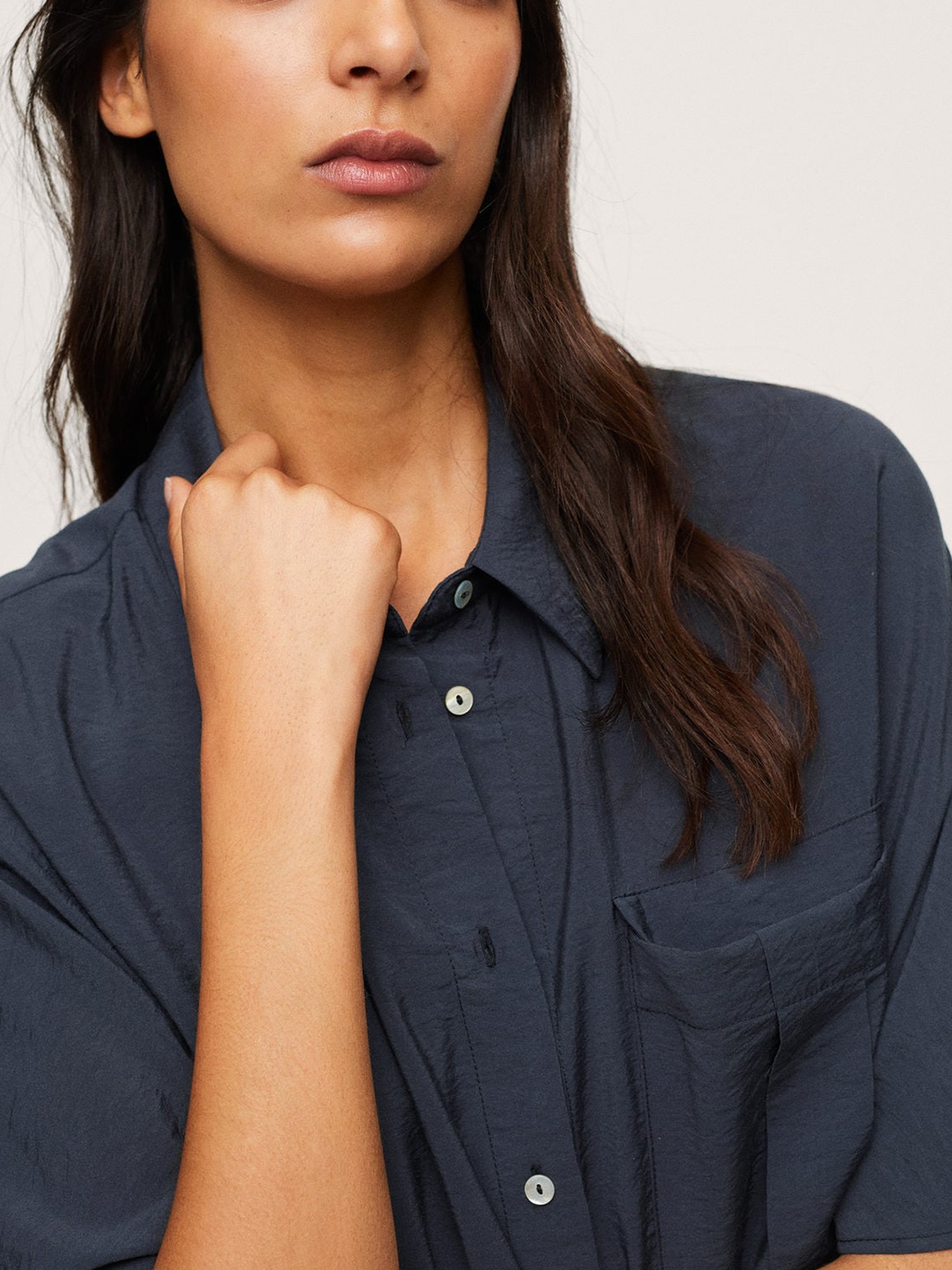 

MANGO Navy Blue Solid Shirt Midi Dress