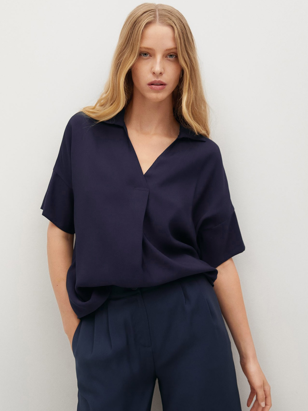

MANGO Navy Blue Extended Sleeves Regular Top