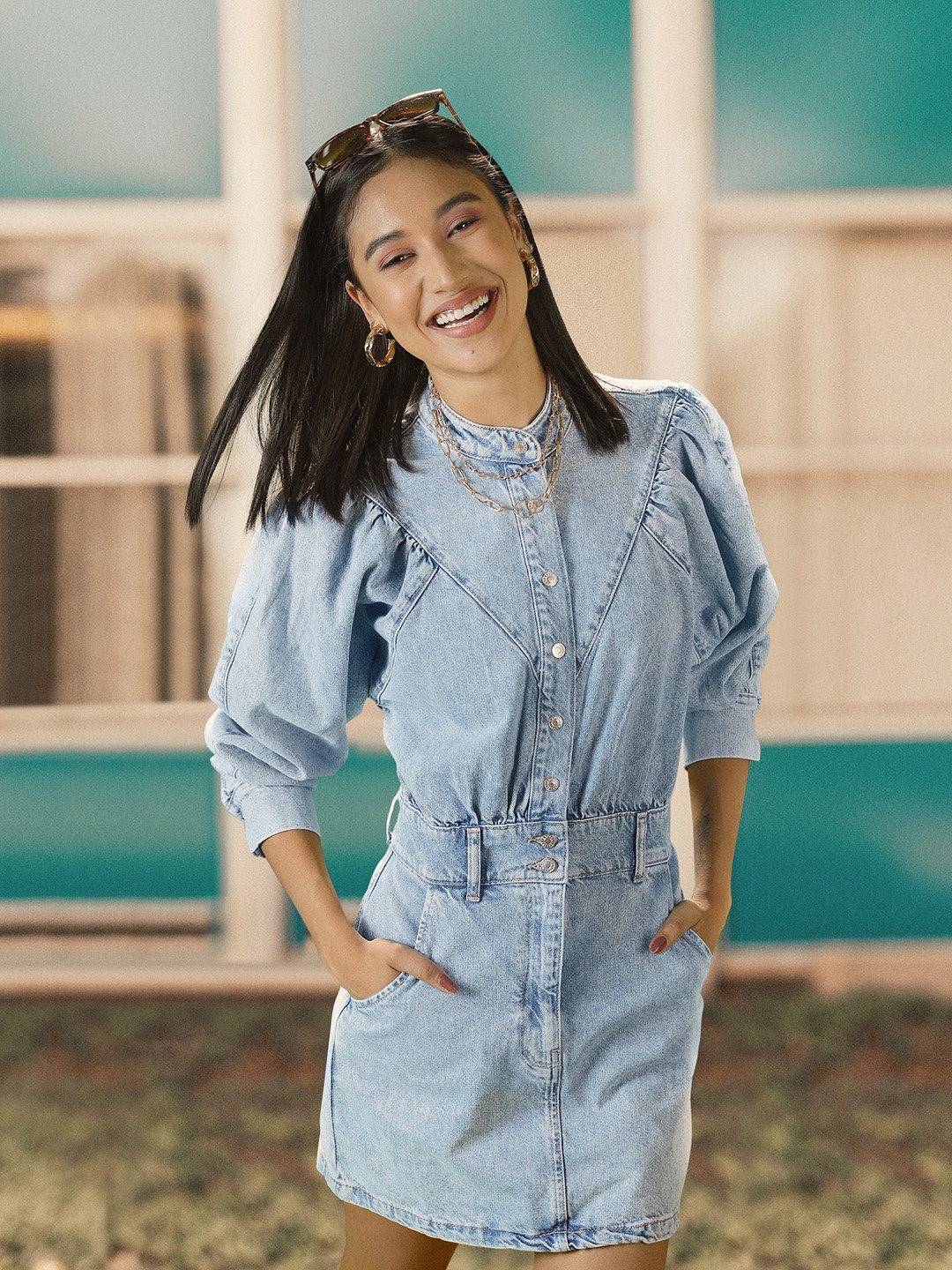 

MANGO Women Blue Solid Pure Cotton Denim A-Line Dress