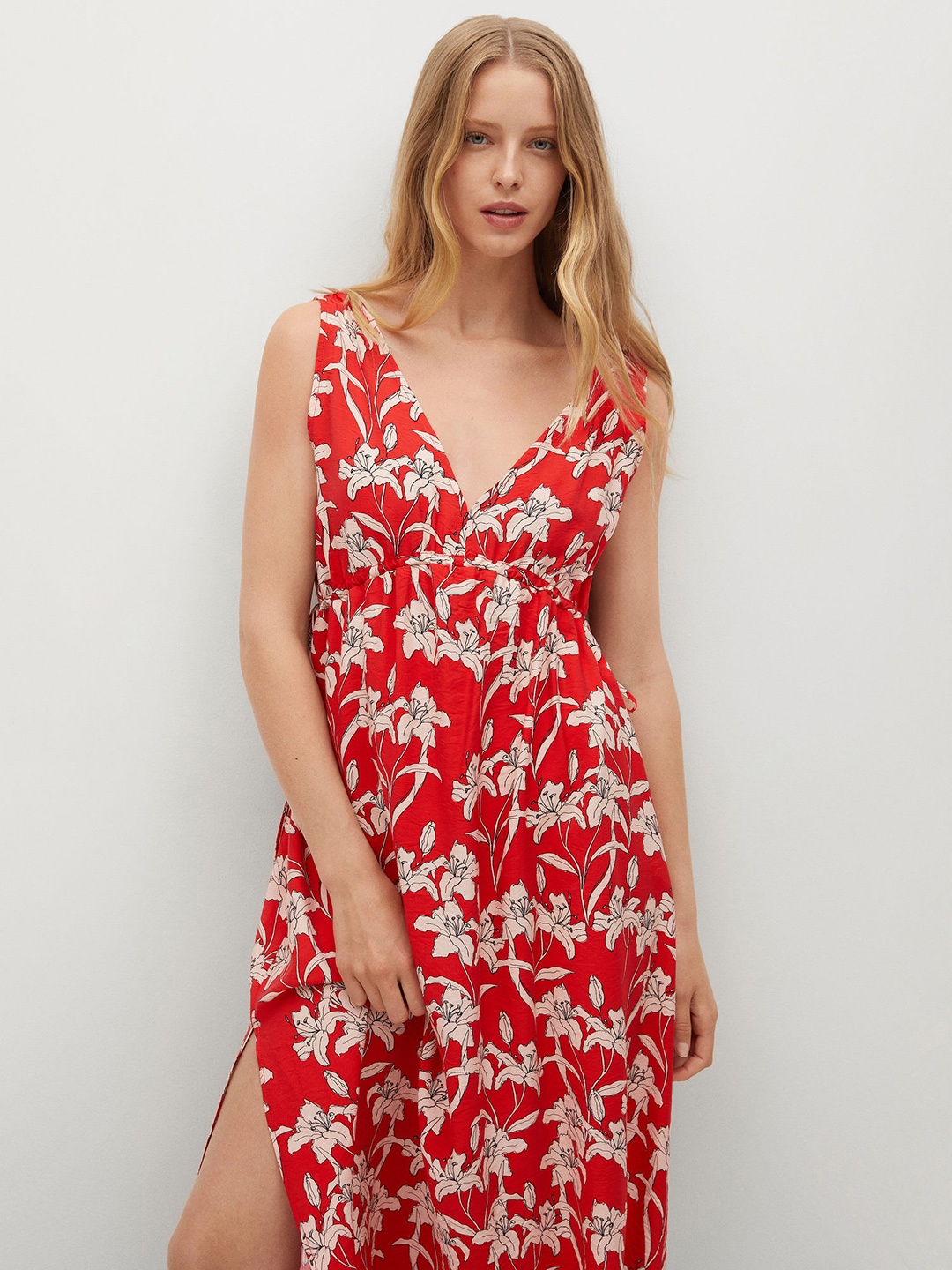 

MANGO Red & Beige Floral Maxi Dress