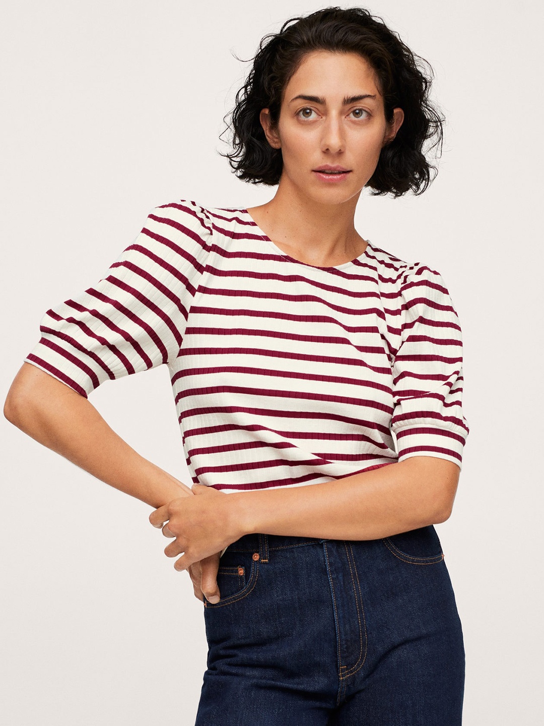 

MANGO White & Maroon Striped Puff Sleeves Regular Top