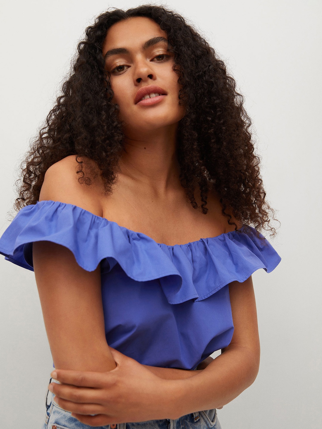 

MANGO Blue Cotton Off-Shoulder Layered Bardot Top