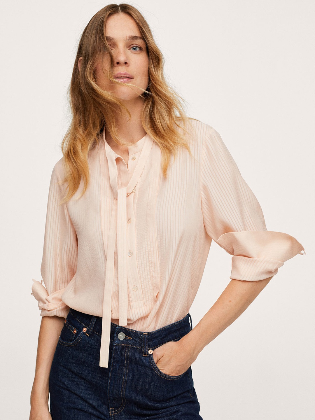 

MANGO Peach-Coloured Striped Tie-Up Neck Shirt Style Top