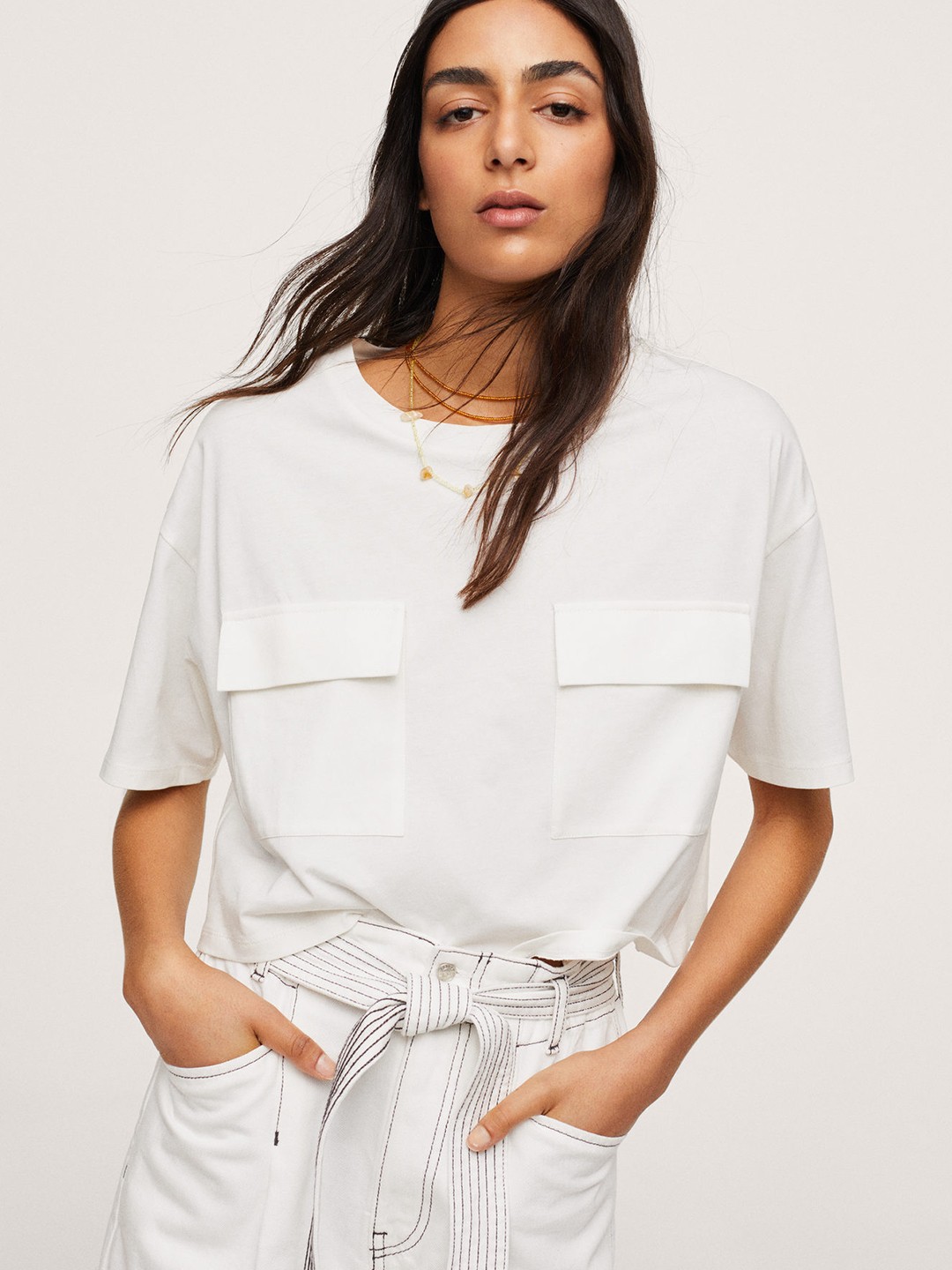 

MANGO Women White Pure Cotton Drop-Shoulder Sleeves Boxy Pure Cotton T-shirt