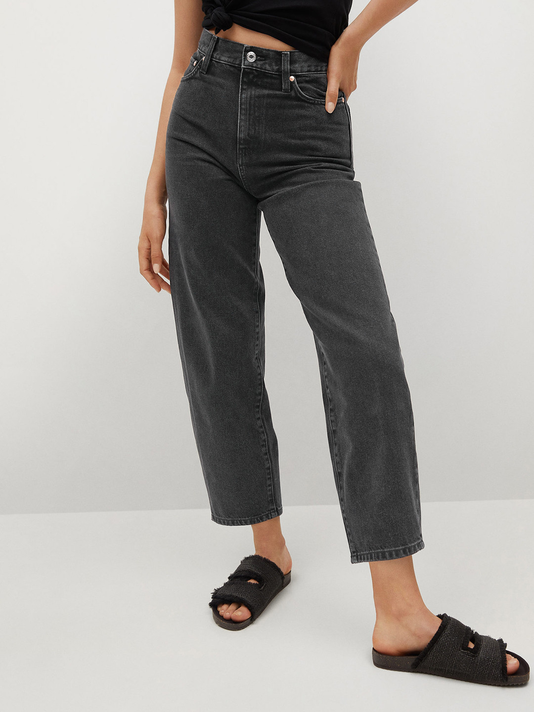 

MANGO Women Charcoal Grey Non Stretchable Pure Cotton High-Rise Slouchy Fit Cropped Jeans
