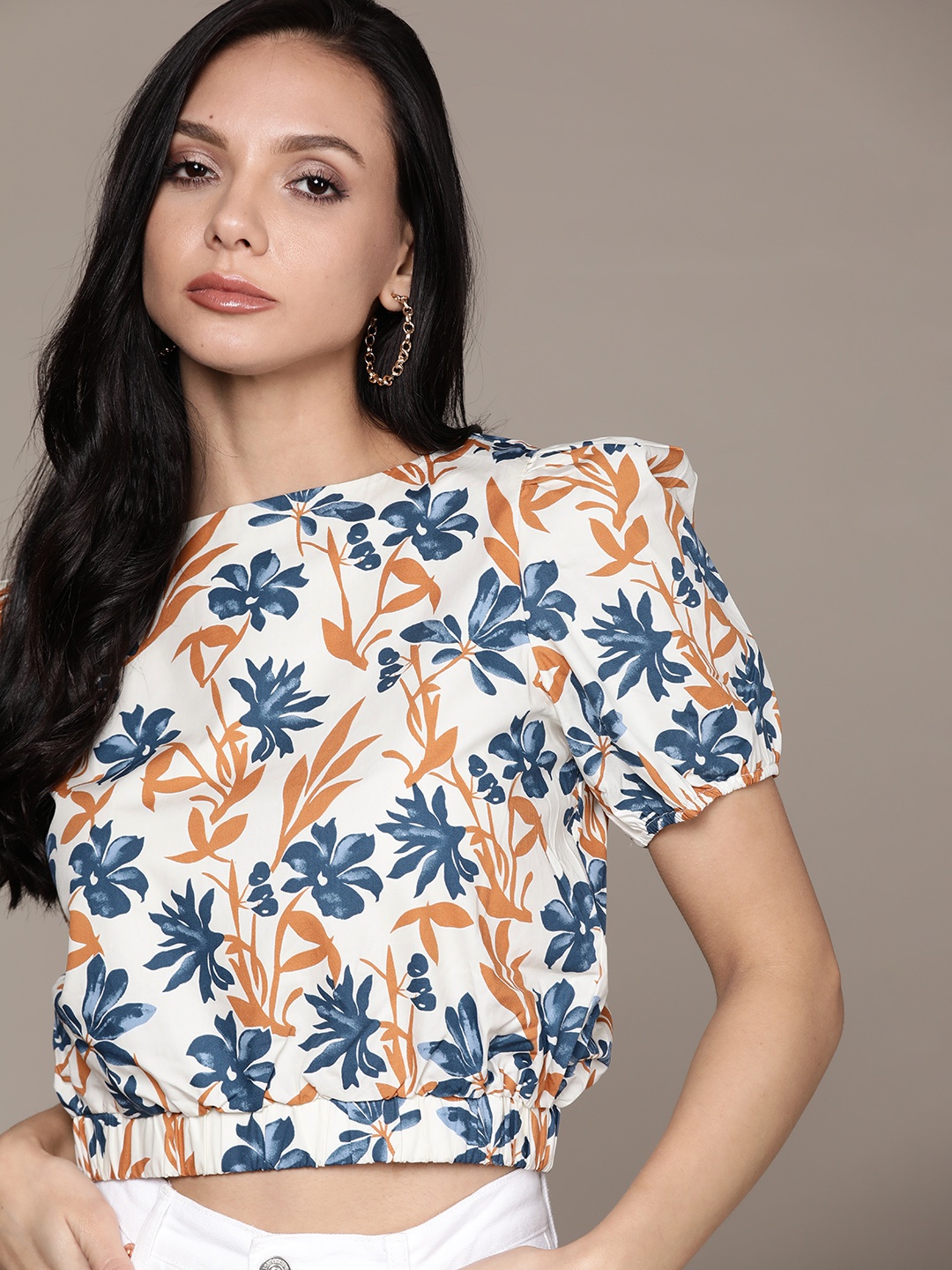 

MANGO Cream-Coloured & Navy Blue Pure Cotton Floral Printed Blouson Crop Top