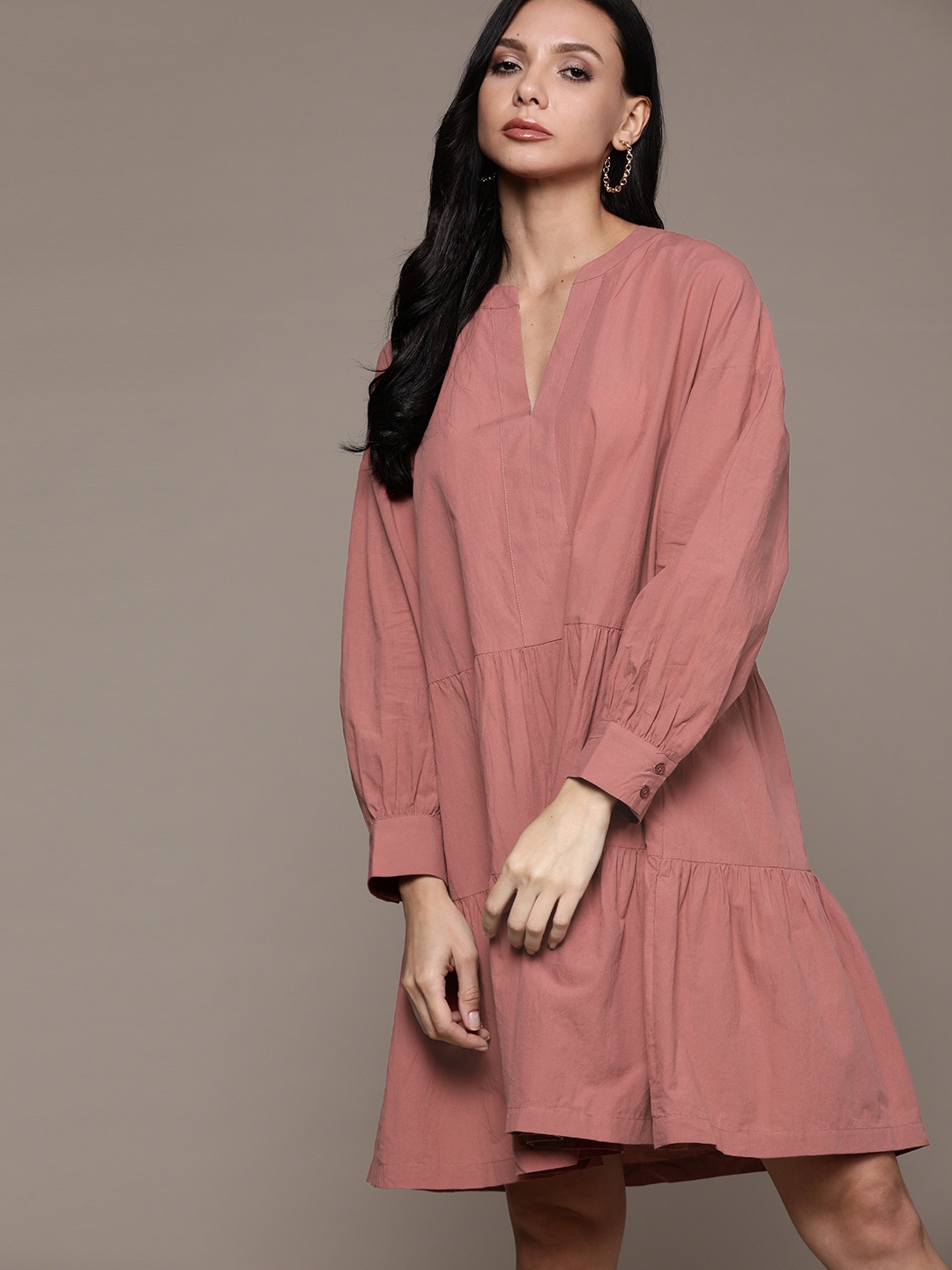 

MANGO Women Mauve Solid Pure Cotton Tiered A-Line Dress