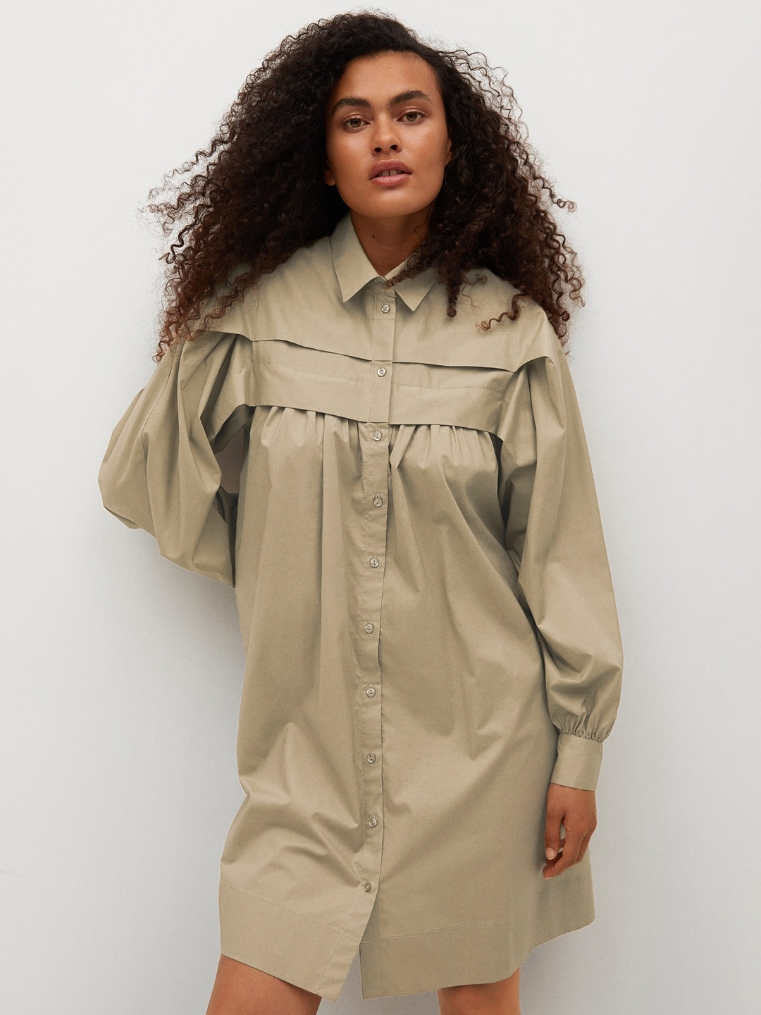 

MANGO Olive Green Cotton Solid Shirt Dress