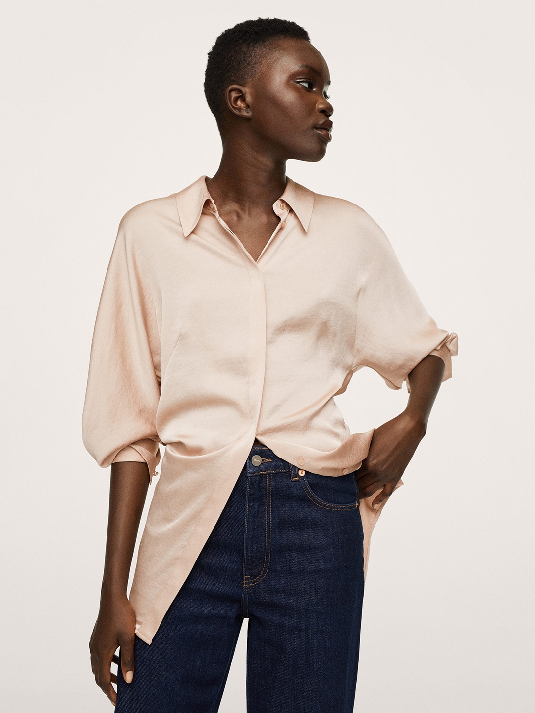 

MANGO Women Beige Solid Longline Shirt