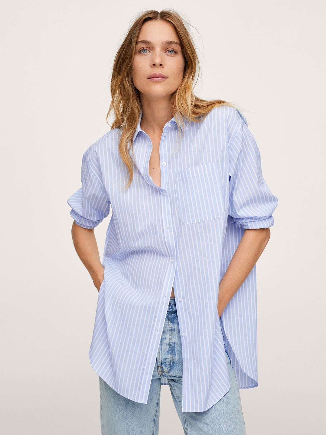 

MANGO Women Blue & White Cotton Striped Casual Shirt