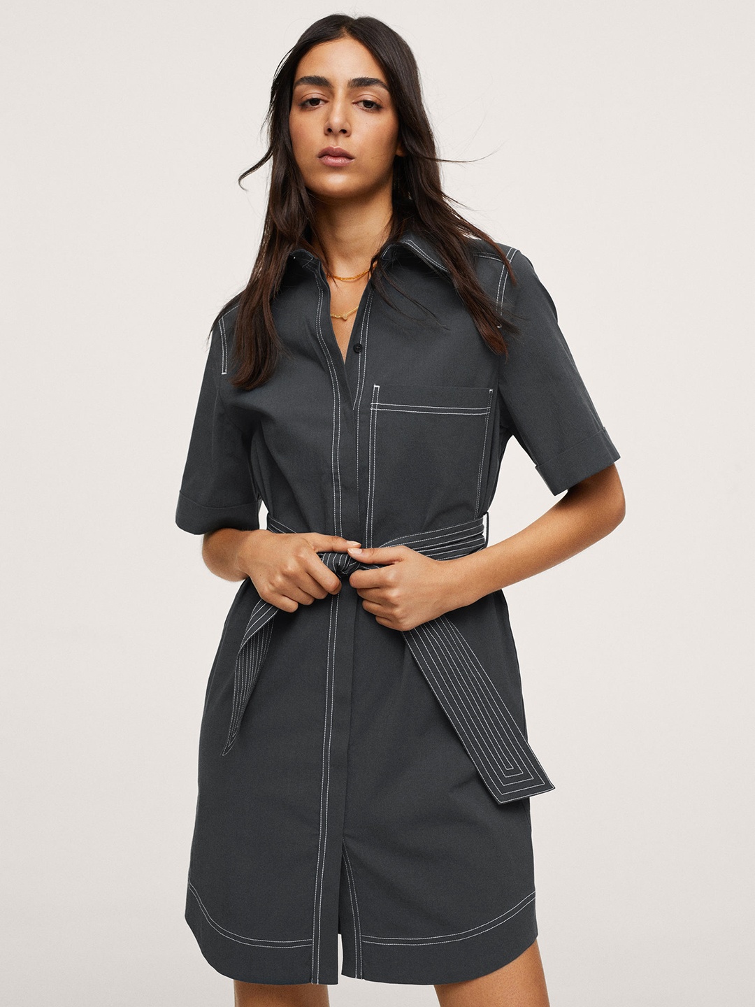 

MANGO Charcoal Grey Solid Shirt Dress Comes With A Belt