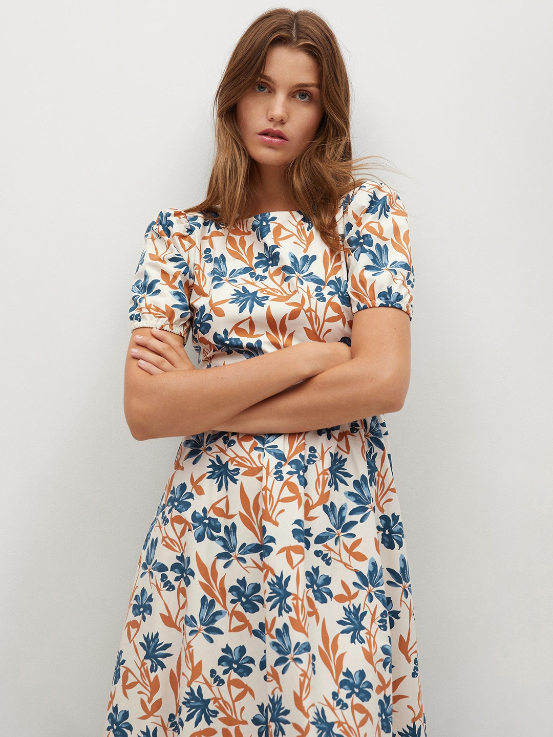 

MANGO White & Orange Floral A-Line Midi Dress