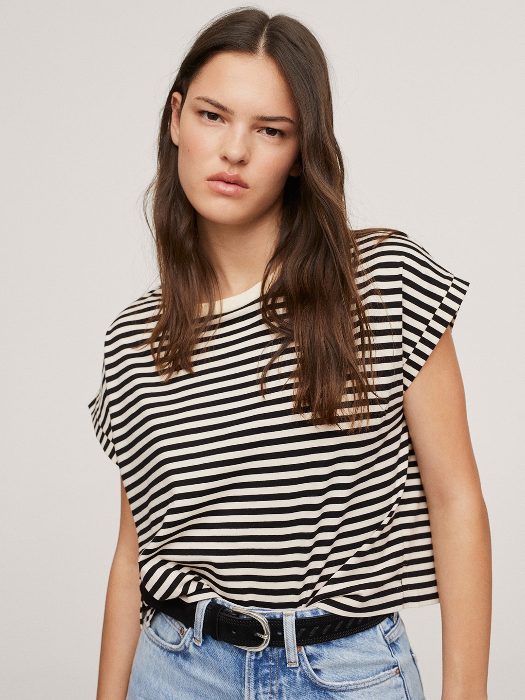 

MANGO Women Black & White Striped T-shirt