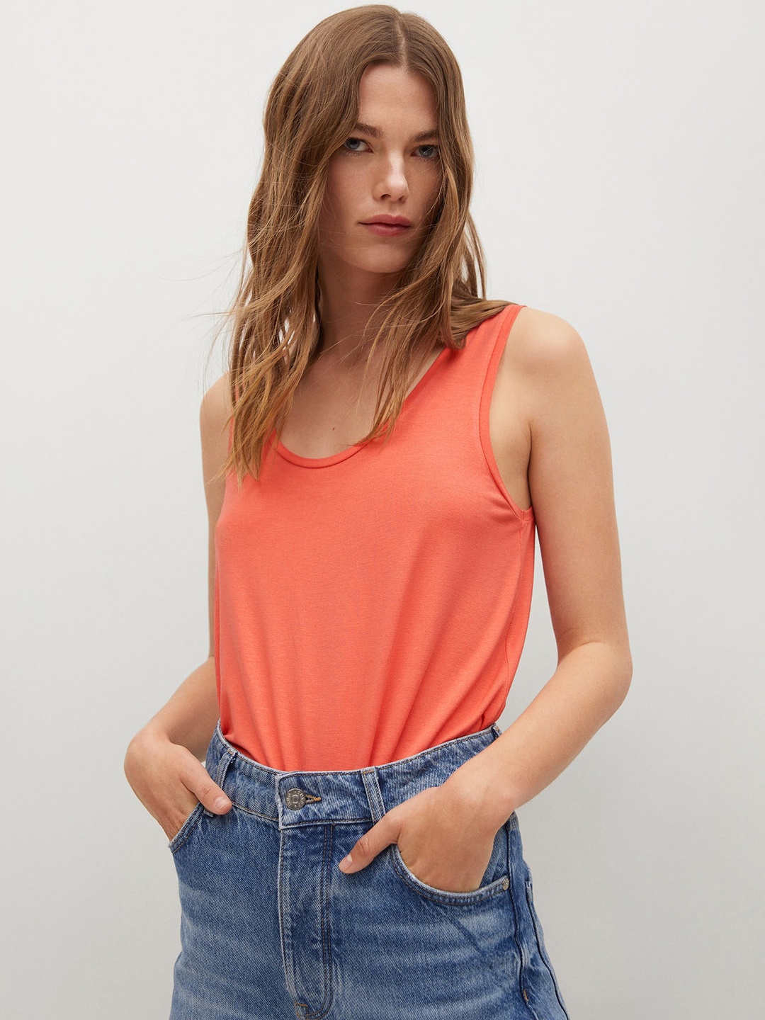 

MANGO Coral Orange Solid Scoop Neck Regular Top