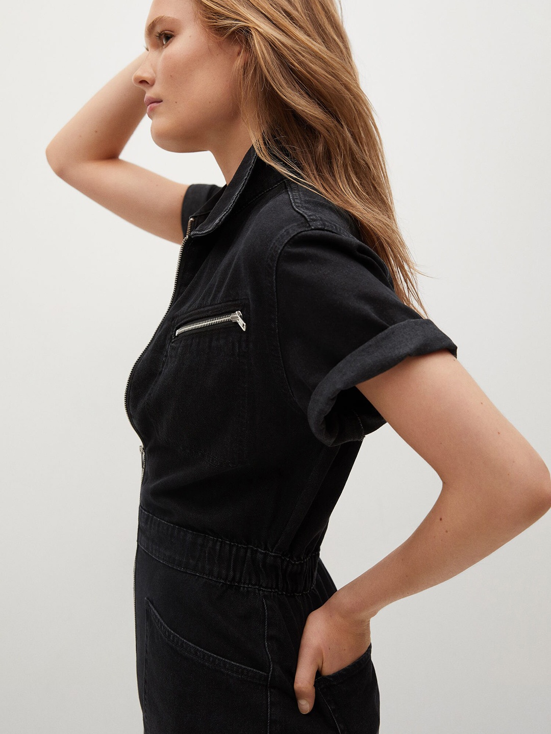 

MANGO Women Black Solid Cotton Denim Playsuit