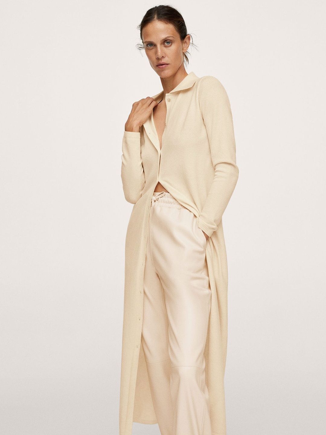 

MANGO Women Off White Solid Longline Cardigan