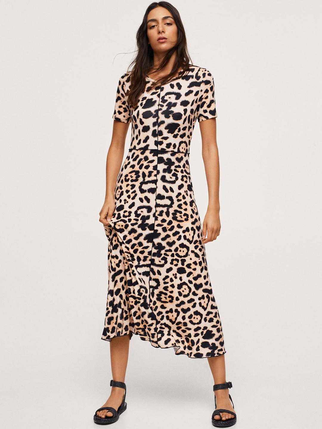 

MANGO Women Beige & Black Animal Print A-Line Midi Dress