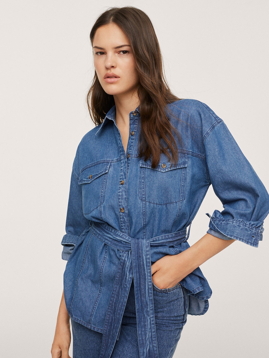 

MANGO Women Blue Opaque Casual Shirt with Tie-up Details