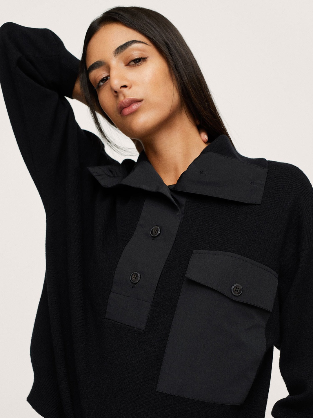 

MANGO Women Black Panelled Solid Pullover