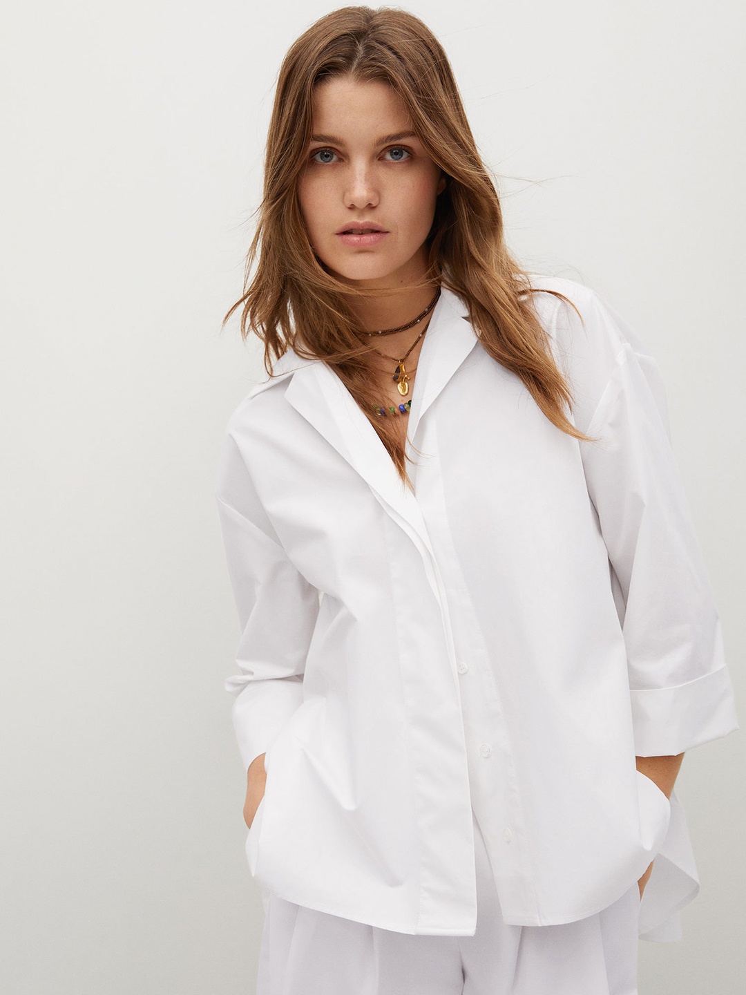 

MANGO Women White Oversized Pure Cotton Casual Shirt