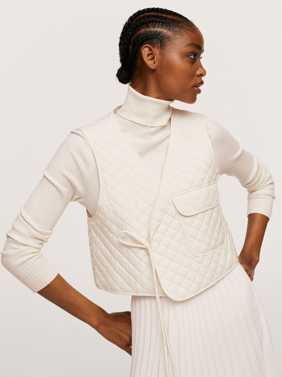 

MANGO Women Off White Solid Wrap Quilted Jacket