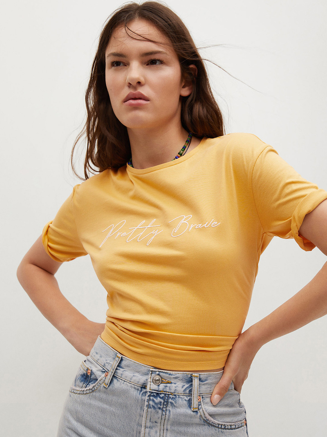 

MANGO Women Yellow & White Printed Extended Sleeves T-shirt