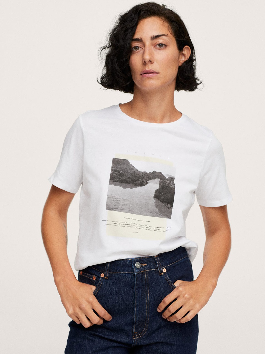 

MANGO Women White Printed Pure Cotton T-shirt