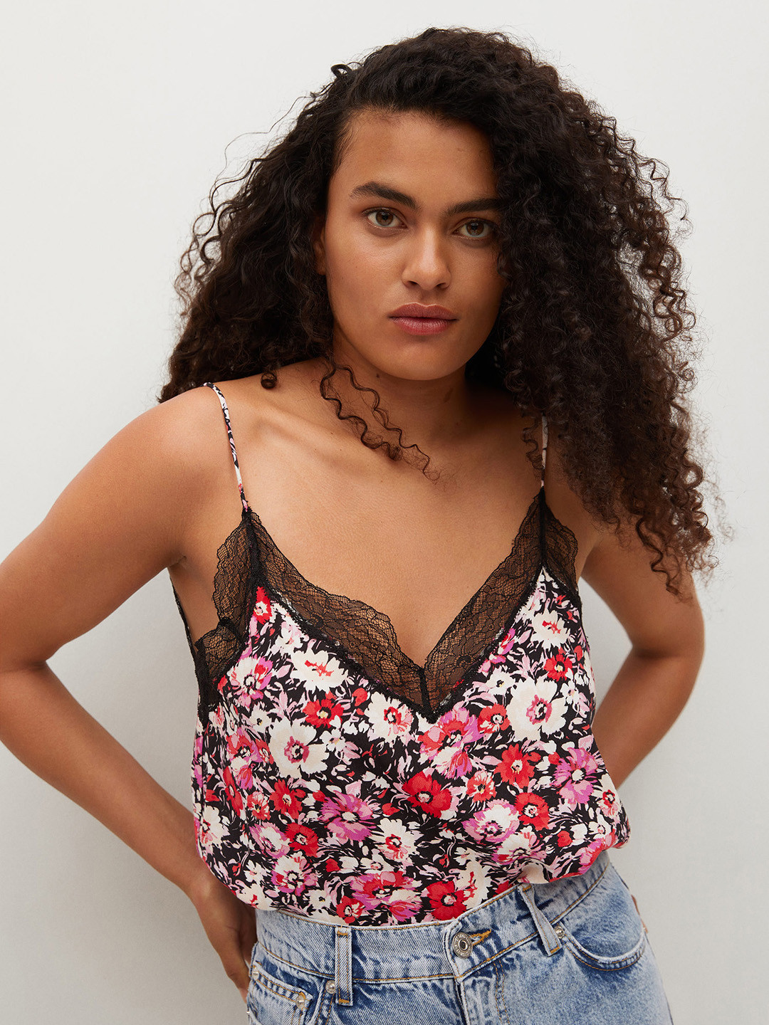 

MANGO Black & White Floral Print Lace Regular Top