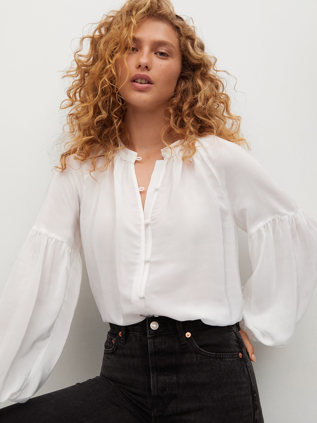 

MANGO White Solid Mandarin Collar Shirt Style Top