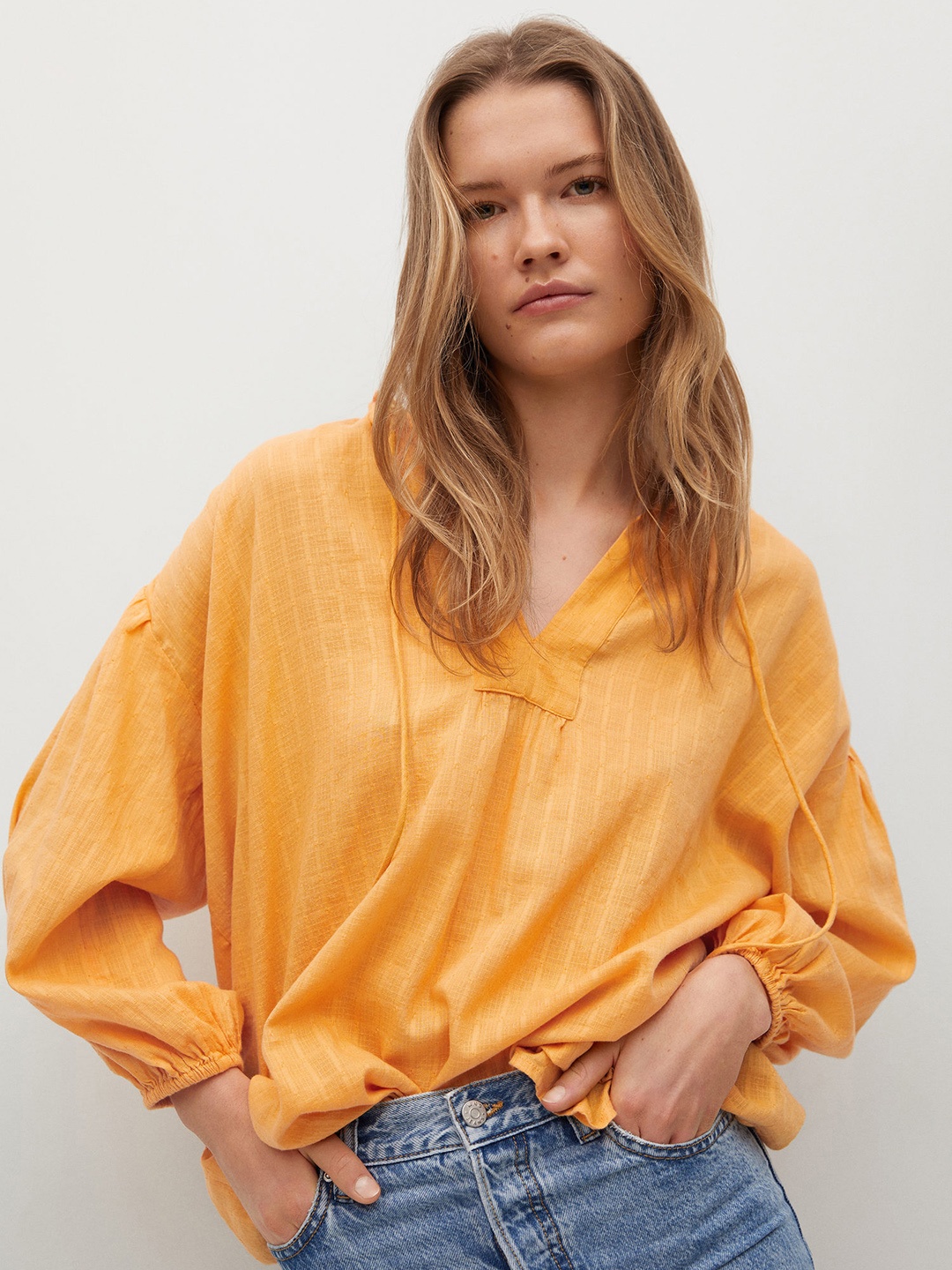 

MANGO Mustard Yellow Self Checked Tie-Up Neck Regular Top