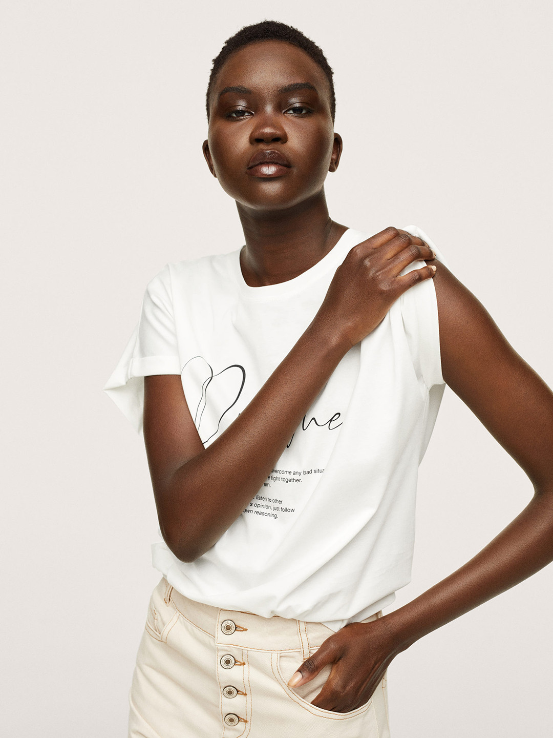 

MANGO Women White & Black Cotton Typography Printed T-shirt