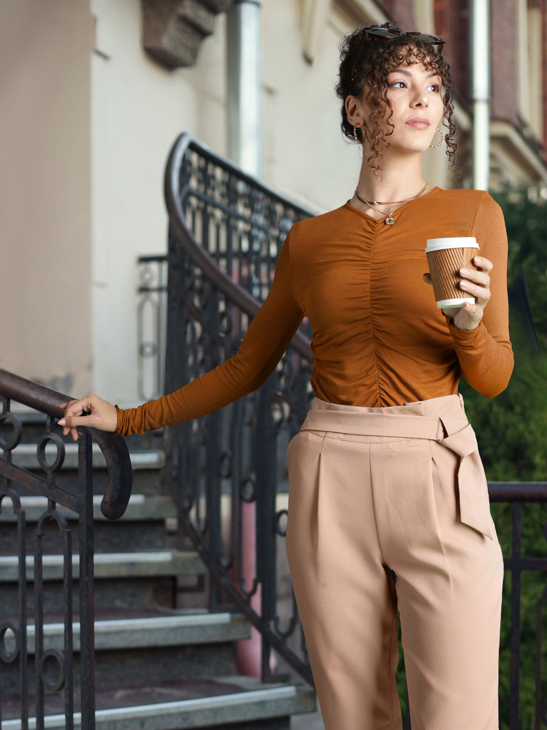 

MANGO Brown Solid Gathered Fitted Top