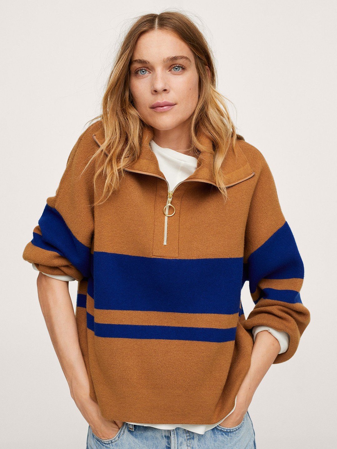 

MANGO Women Yellow & Blue Colourblocked Pullover
