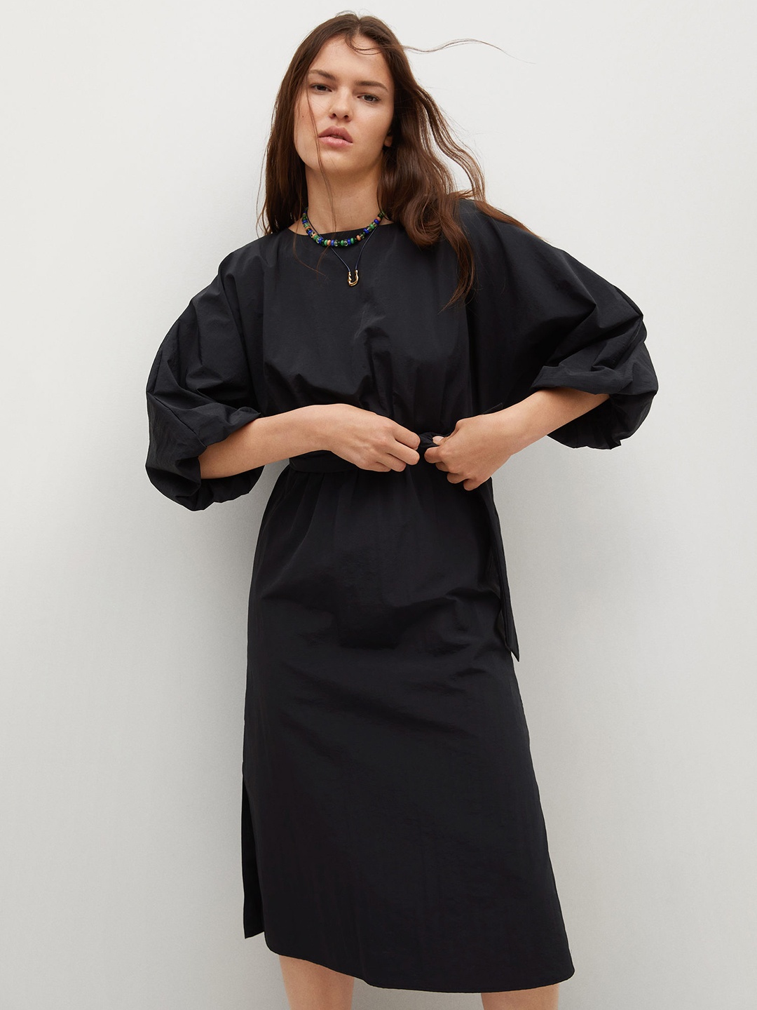 MANGO Black Solid Puff Sleeves A-Line Dress with Cut-Out Back