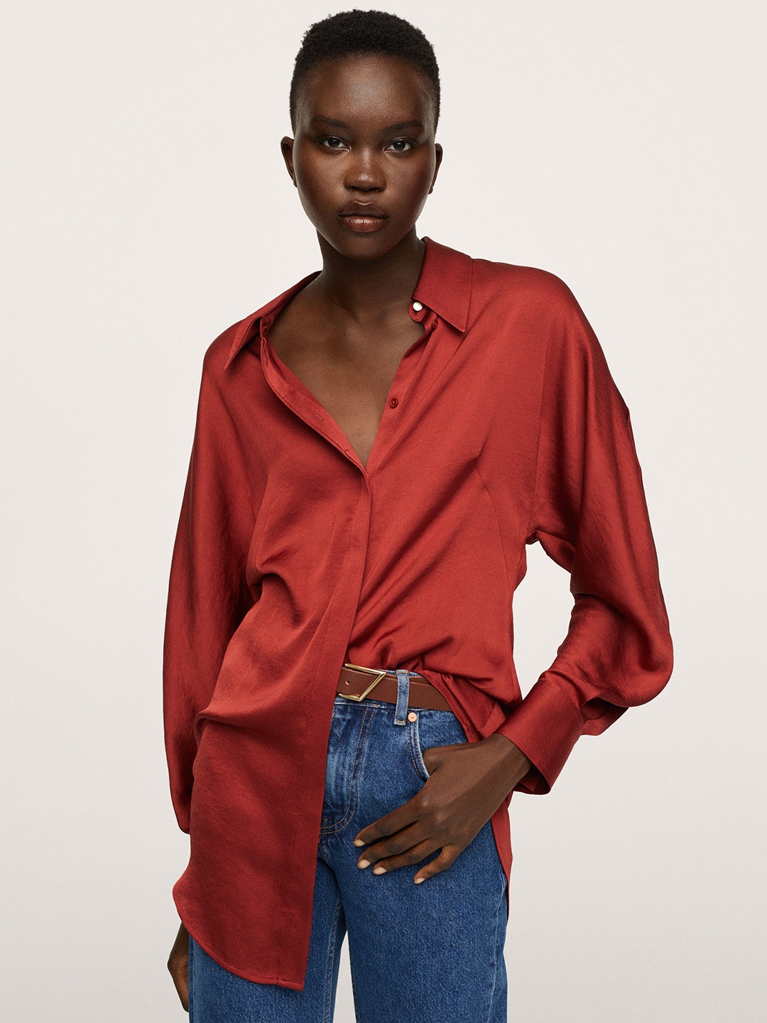 

MANGO Women Maroon Satin Finish Opaque Casual Shirt