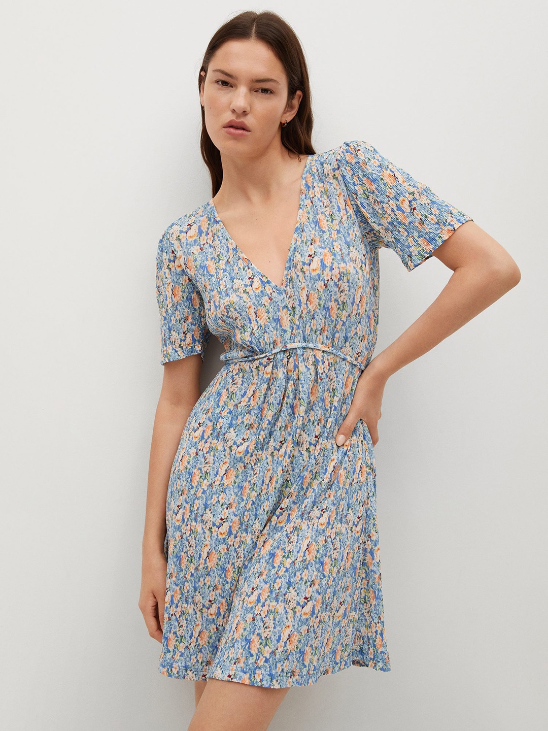 

MANGO Blue & Peach-Coloured Floral Print A-Line Dress
