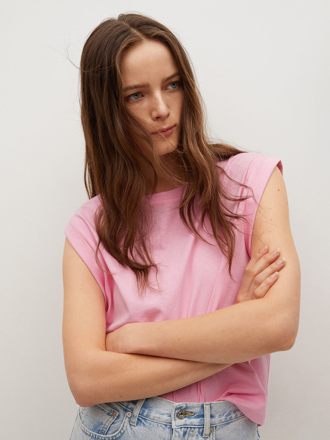 

MANGO Women Pink Pure Cotton Extended Sleeves Pure Cotton T-shirt