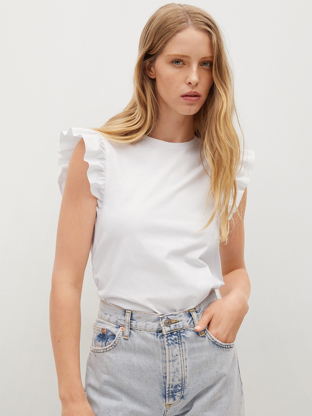 

MANGO White Solid Frilled Sleeves Pure Cotton Top